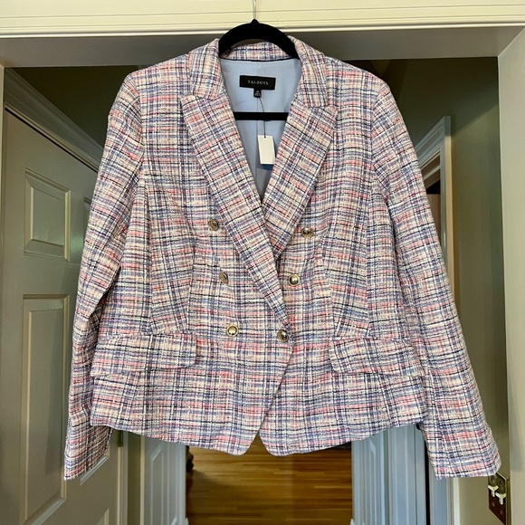 $219 NWT Talbots Multi Pink Blue White Plaid Tweed‎ Blazer Jacket Size 14 - Picture 5 of 8